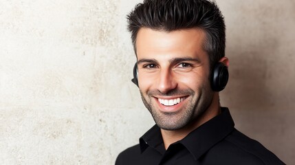 Obraz premium Smiling man wearing headset against textured wall.