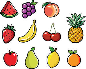 Fruit Vector Set Illustration, Cartoon Clipart, and Line Art Design