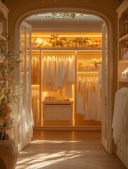 Luxury wardrobe showcasing designer translucent clothing in a sophisticated boutique-like setting with warm lighting Generative AI