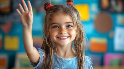 Enthusiastic Young Girl Raising Her Hand in a Bright and Engaging Classroom Setting