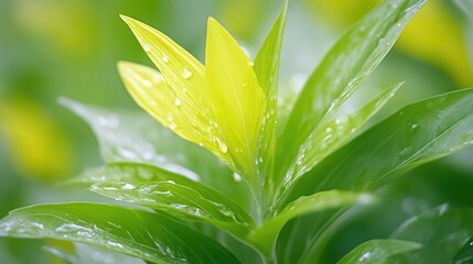 Fototapeta premium Fresh, vibrant yellow leaves with dew drops