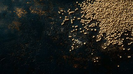 Fototapeta premium A close-up view of Amaranth seeds scattered across a dark surface, showcasing their tiny, smooth, and cream-colored texture with clear detail.