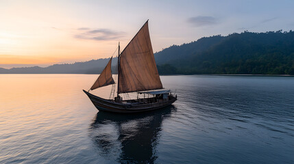 Naklejka premium Traditional wooden sailing boat at sunrise