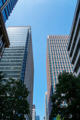 Obraz premium 青い空とガラス張りのビルが美しい、都会の風景写真