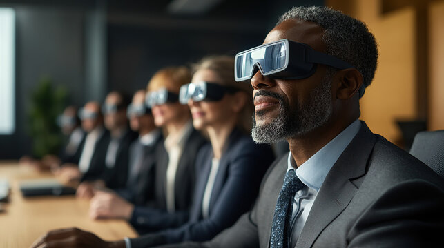 Group wearing VR headsets, experiencing virtual reality at a meeting. Future tech and immersive meetings for successful teams.