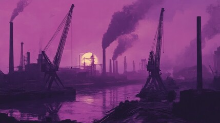 Obraz premium Industrial skyline dominates with cranes and smoke.