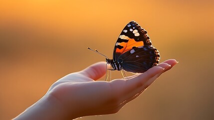 Gentle Hand Holds Painted Lady Butterfly at Sunset.