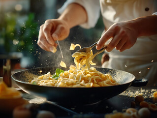 Chef skillfully preparing pasta in a vibrant kitchen setting  