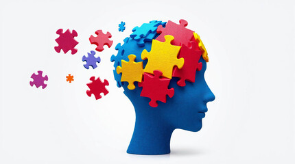 a digital illustration featuring a side profile of a human head composed of interlocking jigsaw puzzle pieces. The puzzle pieces are in various vibrant colors, including shades of blue, red, yellow, 