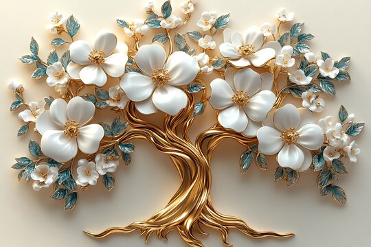 Golden tree with white blossom, gold branches, blue leaves, luxurious, fantasy