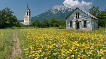 A tranquil Swiss village in the Alps, with quaint wooden chalets and a beautiful church steeple set amidst lush meadows. 