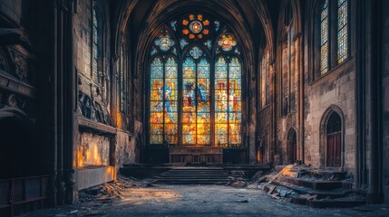 Historic Church Interior Stained Glass Fireplace