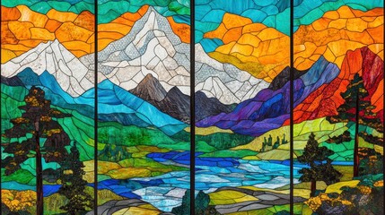 Stained Glass Mountain Majesty Vibrant Artistic Landscape.