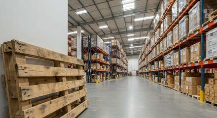 Fototapeta premium Storage space in a modern warehouse with wooden pallet.