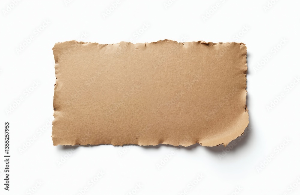 Poster torn piece of cardboard on white background. brown blank card with copy space, ripped edges. texture