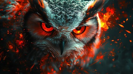 Fiery owl portrait with intense red eyes.