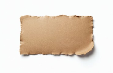 Obraz premium Torn piece of cardboard on white background. Brown blank card with copy space, ripped edges. Textured paper element, top view. Use for presentation, advertisement, design.