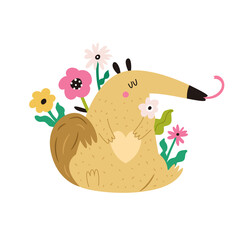 Vector illustration of cute anteater with blooming flowers in a childish flat style.