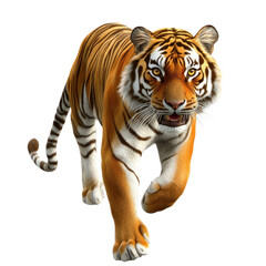 Fototapeta premium Tiger fierce expression prowling forward with sharp eyes and orange striped fur isolated on transparent background png