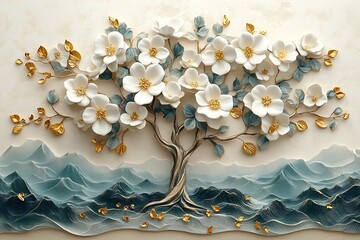 White Floral Tree Artwork, Textured Mountains, Blue Tones, Golden Accent Leaves Design
