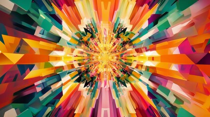 Vibrant geometric explosion with colorful light rays.