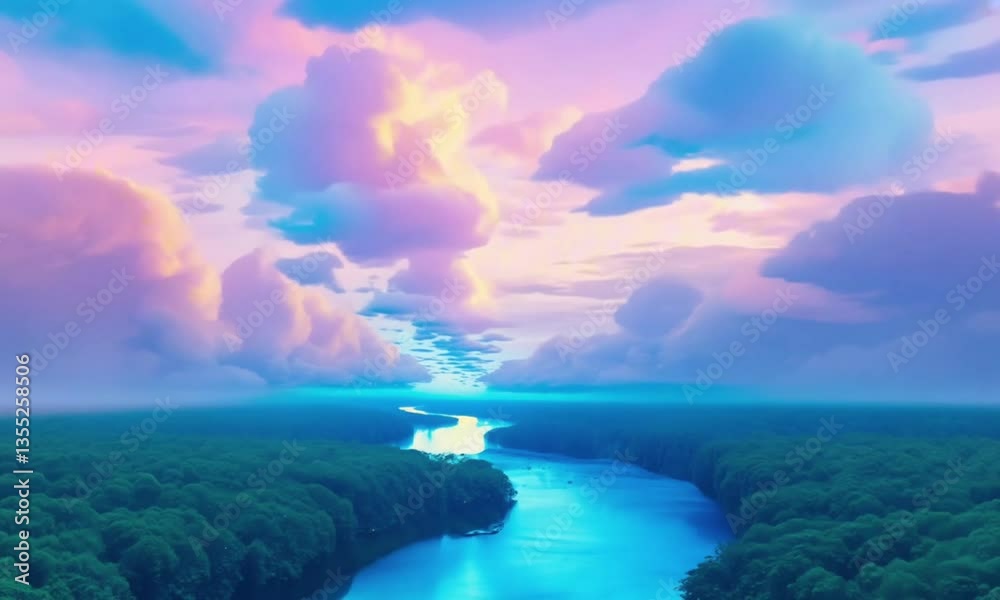 Wall mural a surreal river flows, ascending into the sky, merging with floating clouds. fantasy surreal aesthet