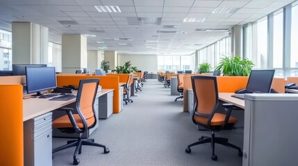Modern Open Plan Office Space with Bright Orange Accents.