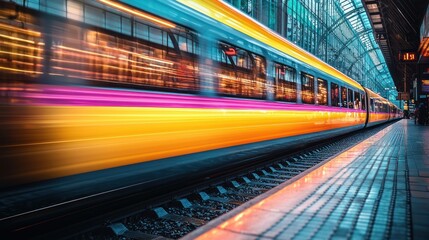 Fast train moving through a station.  Colorful lights illuminate the modern train as it speeds past the platform