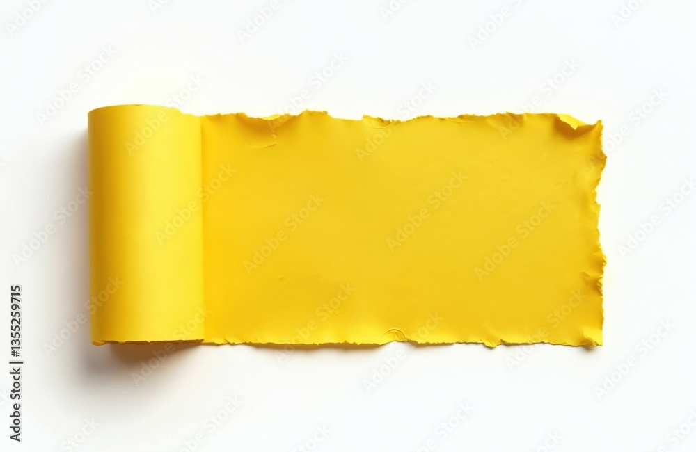Poster torn yellow paper piece on white background. blank sheet with ripped edges. grunge texture with copy