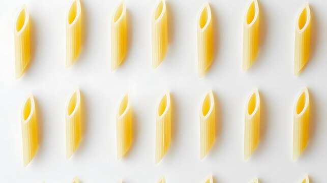 An arrangement of Penne pasta on a white background, each piece standing upright in an orderly fashion, creating a neat pattern.