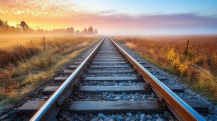 Obraz premium Endless Rails at Sunrise: A Journey into the Misty Dawn