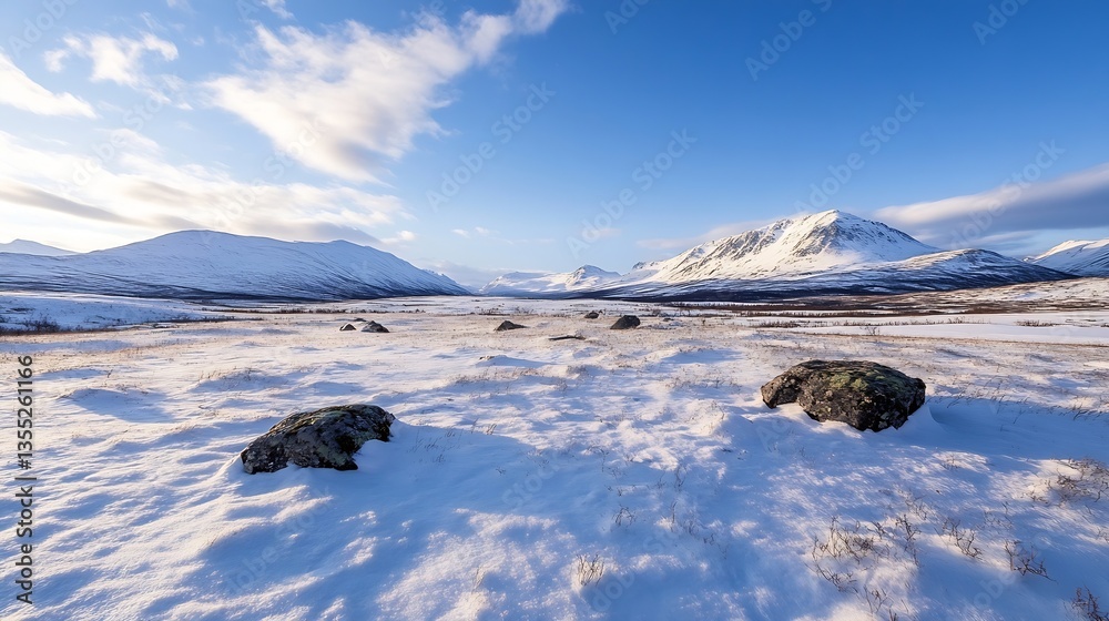 Poster snowy mountain landscape with rocks and soft light in the arctic wilderness : generative ai