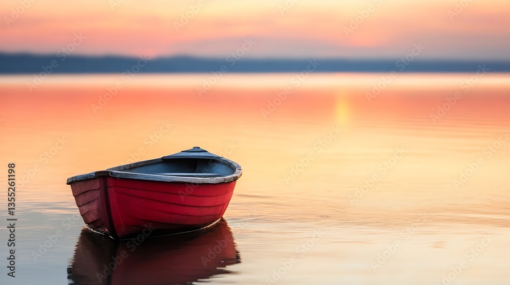 Poster serene sunset view of a colorful wooden boat floating on calm waters reflecting vibrant hues of dusk