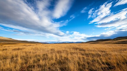 Fototapeta premium Expansive golden grass field under a wide blue sky with clouds in a picturesque natural setting : Generative AI