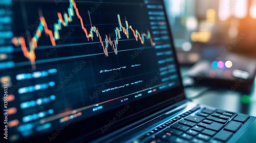 Leinwandbilder Detailed view of a laptop screen showing market trends and analytics with vibrant colors and data for financial professionals : Generative AI