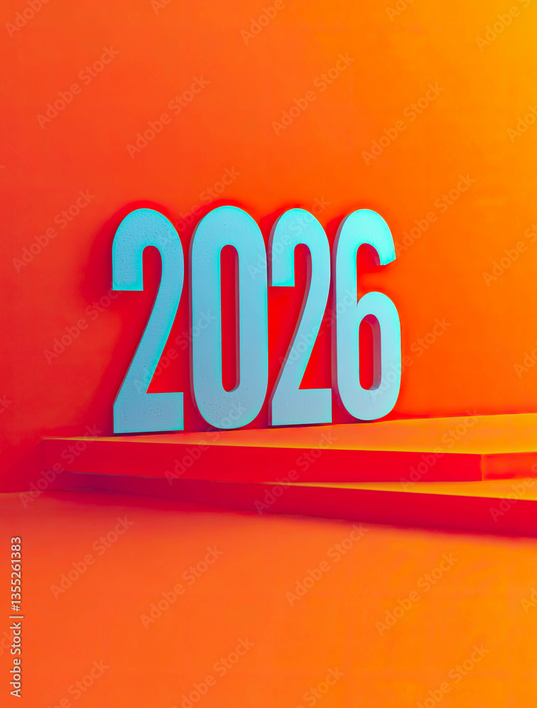 Poster a thick and structured number 2026 floats on a bright background, radiating energy and enthusiasm