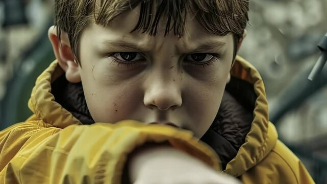 Focused young boy in yellow jacket gazes intently at camera with determined expression. Don't bully me concept. The problem of bullying at school, bullying of classmates based on nationality, race or 
