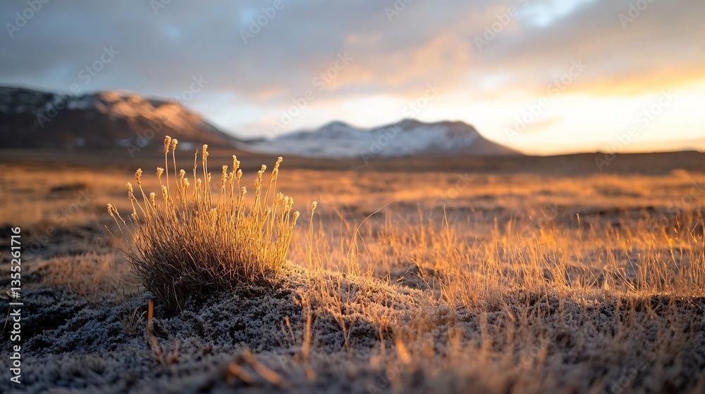 Leinwandbilder Golden Hour Light Illuminating a Sparse Field with Unique Grasses and Mountains in the Background : Generative AI