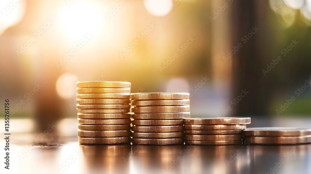 Aufkleber stacked coins on table with soft evening light showcasing wealth and financial stability : generativ