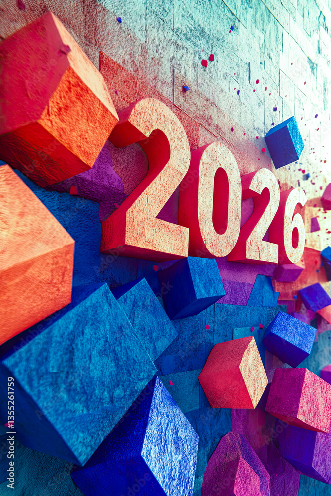Poster colorful 3d numerals celebrate the arrival of 2026 with dynamic shapes