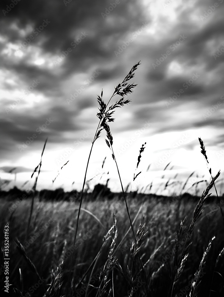 Aufkleber dramatic black and white photograph of tall grass swaying in the wind under a moody sky : generative