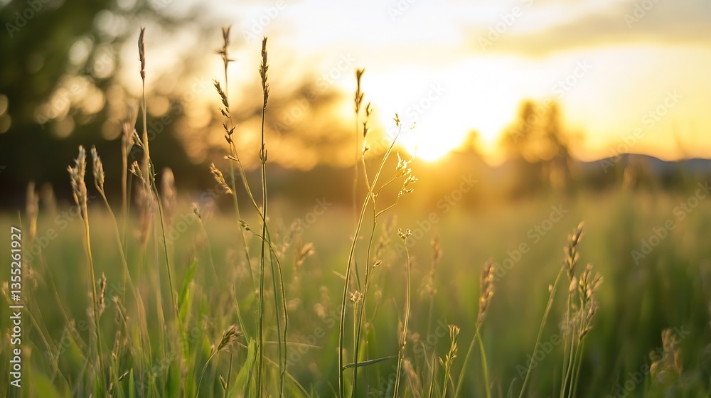 Poster golden sunlight illuminating a serene field of wild grass at sunset creating a tranquil landscape : 