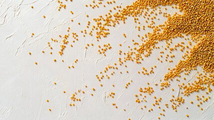 An arrangement of yellow millet grains scattered on a smooth white surface, emphasizing their natural purity and delicate texture.