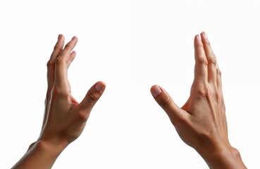 Hand reaching out, point of view perspective isolated on white background. Gesturing interaction, virtual reality, communication concepts. Open palm, touching something invisible. Digital tech