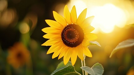 Naklejka premium A sunflower in focus as sunlight filters through its background