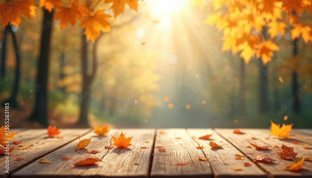 Poster autumn scene with wooden table top and blurred forest background with falling orange and yellow leav