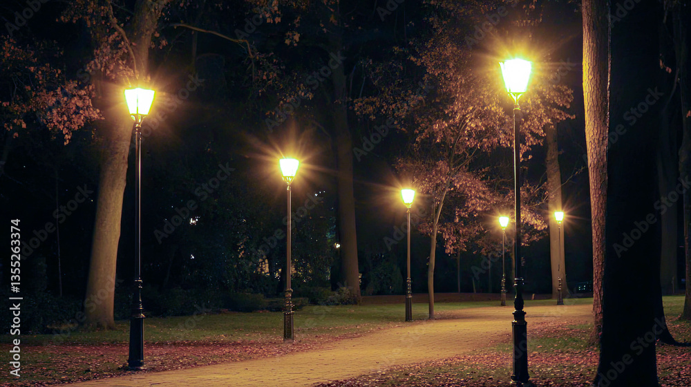 Poster enchanted night walk down a tree-lined path illuminated by charming floodlights in the park