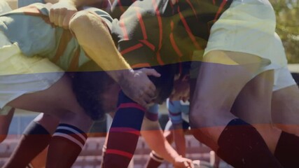 In school, animation showing rugby players in scrum formation on grassy field