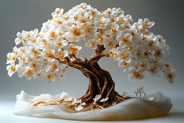 Gold Bonsai Tree Sculpture with White Flowers, Intricate Details, Elegant, Artistic
