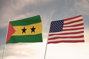 Relations between the countries of the United States of America USA and SÃO TOMÉ AND PRÍNCIPE SAO TOME AND PRINCIPE represented by the concept of two flags waving against a cloudy sky.3d render.